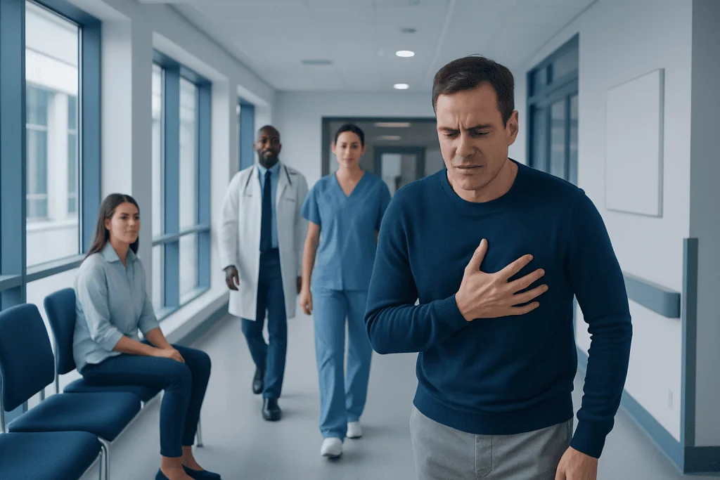 Understanding Costochondritis Causes: A Complete Patient Guide 1 Patient experiencing chest pain in hospital corridor with medical staff nearby.