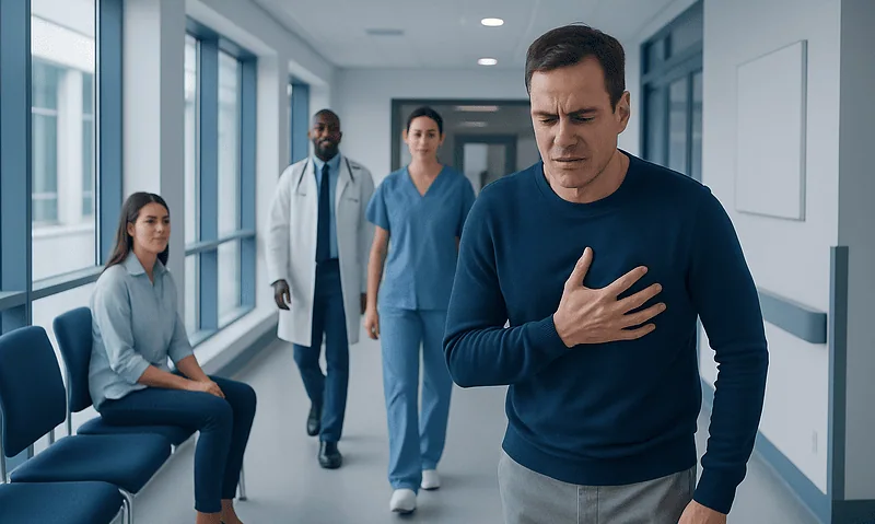 Patient experiencing chest pain in hospital corridor with medical staff nearby.