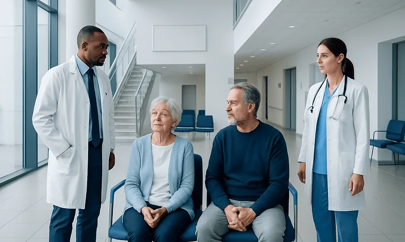 Medical team consulting elderly patients in hospital corridor.