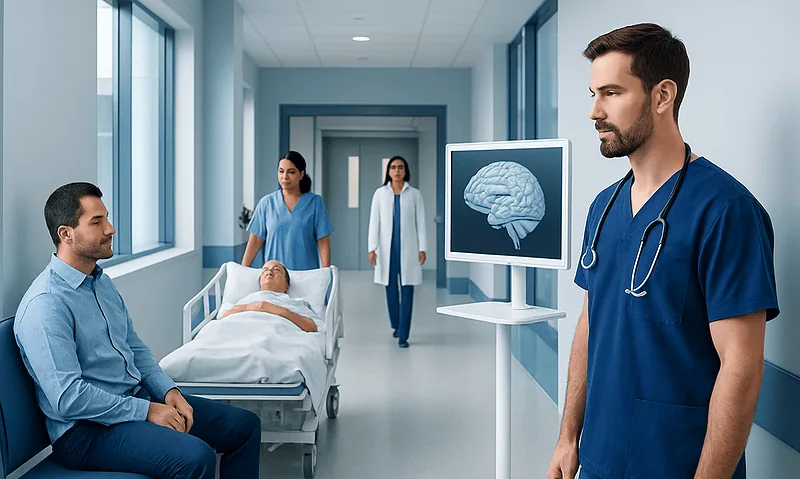 Doctor explaining brain scan to patient in hospital corridor.
