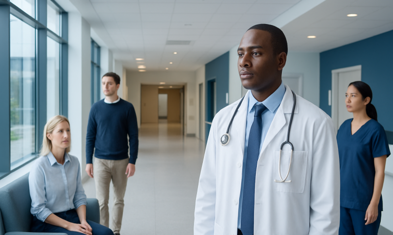 Medical team in hospital corridor with doctor and nurses.