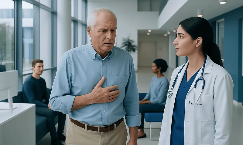 Doctor consulting an elderly patient in a hospital corridor.