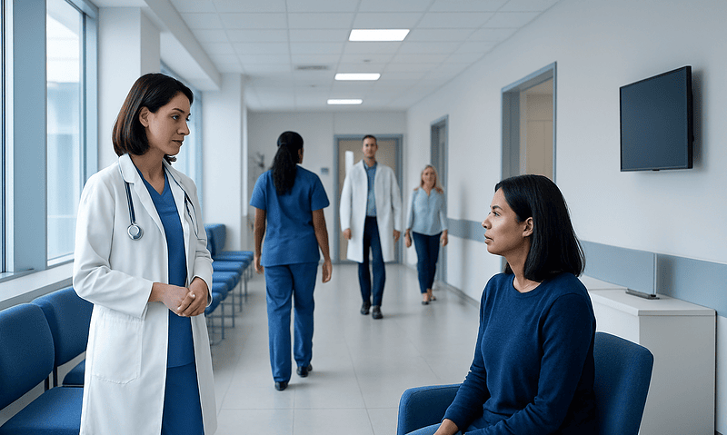 Doctor consulting a patient in a hospital corridor with medical staff in the background.