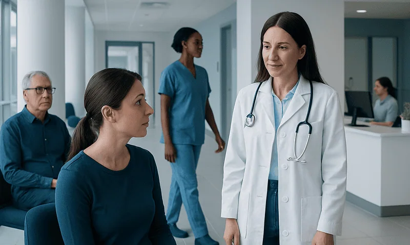 Doctor consulting a patient in a modern hospital setting.