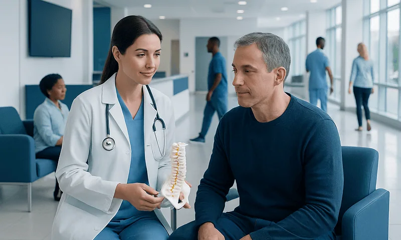 Doctor explaining cervical spine model to patient in hospital setting.