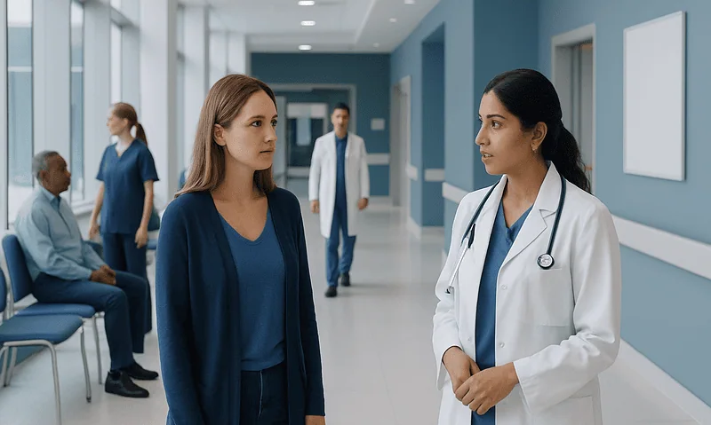 Doctor talking to a patient in a hospital corridor.