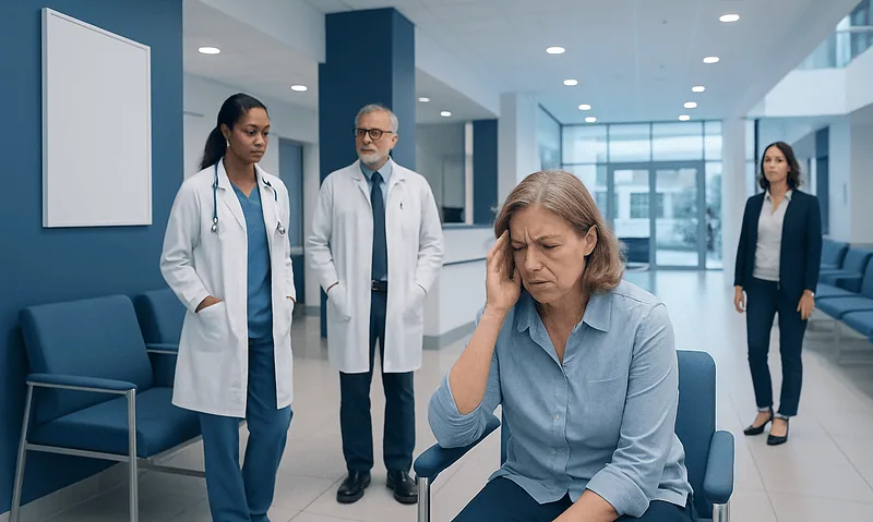Patient experiencing headache in hospital waiting area with medical staff nearby.