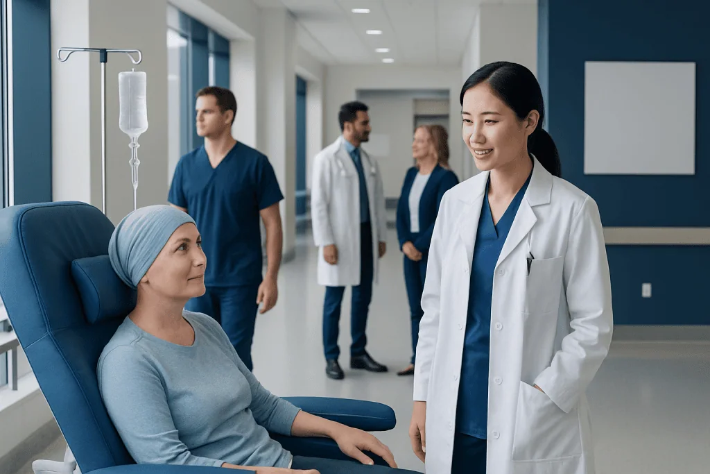 Chemo for Skin Cancer: How It Works, Results and What to Expect 1 Doctor talking to a patient in a hospital room with medical staff in the background.