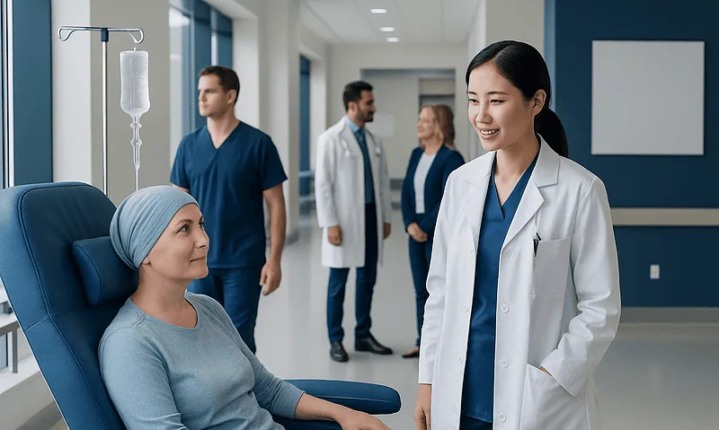 Doctor talking to a patient in a hospital room with medical staff in the background.