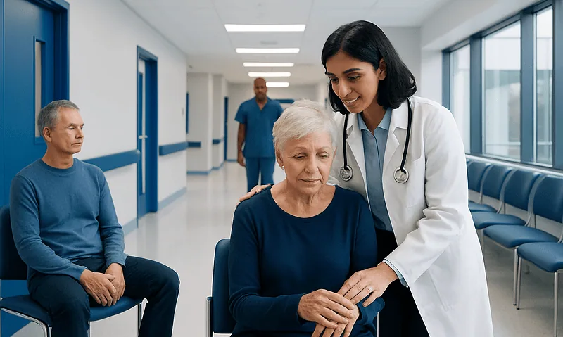 Doctor examining elderly woman in hospital corridor with patients nearby.