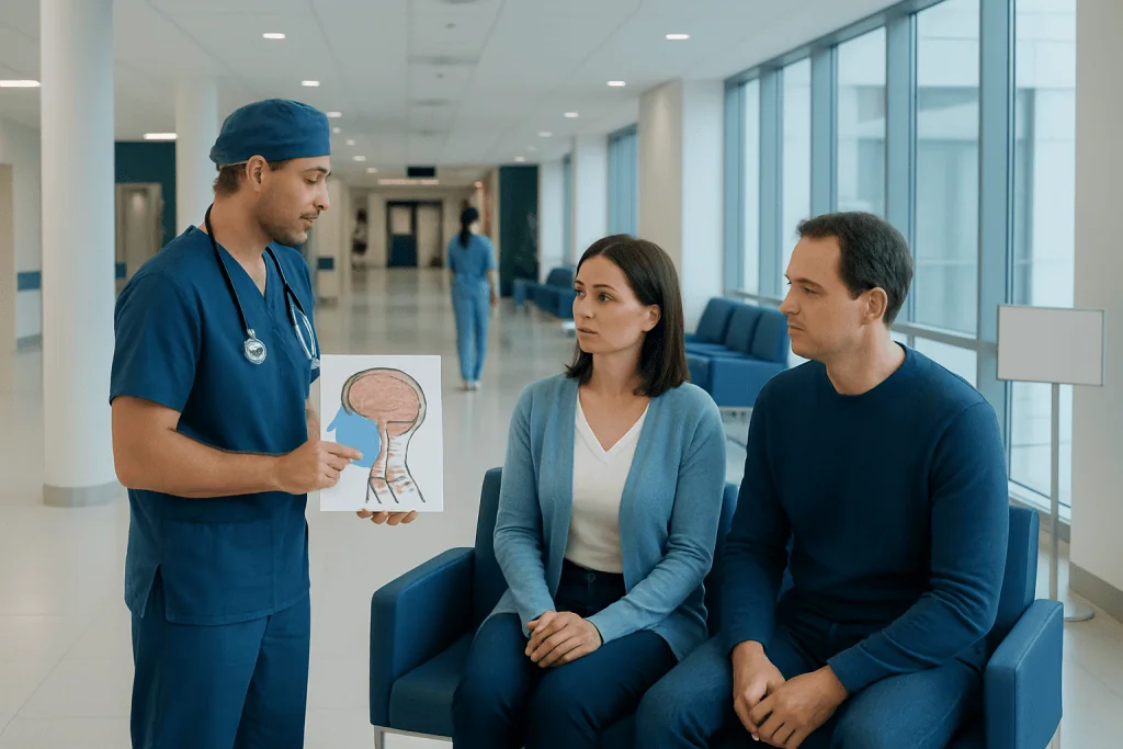 Chiari Malformation Surgery: Procedure, Recovery and Results 1 Doctor explaining brain diagram to patients in hospital waiting area.