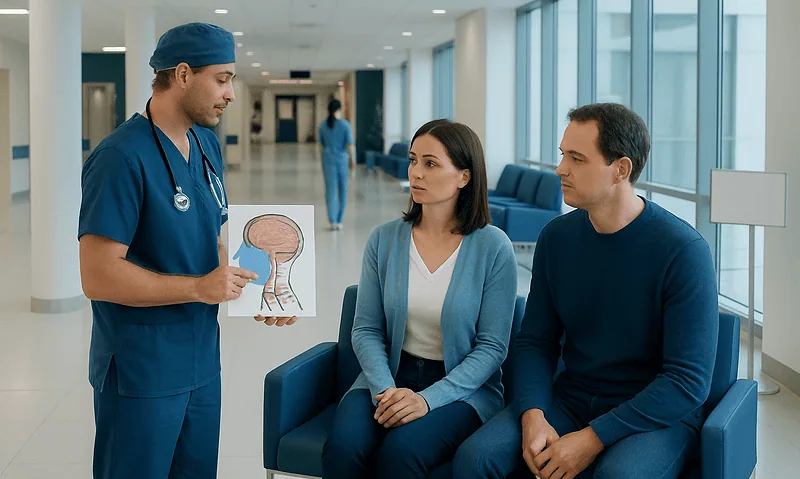 Doctor explaining brain diagram to patients in hospital waiting area.