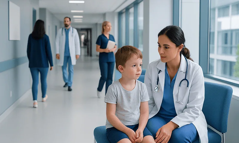 Child and doctor in hospital corridor during a medical consultation.