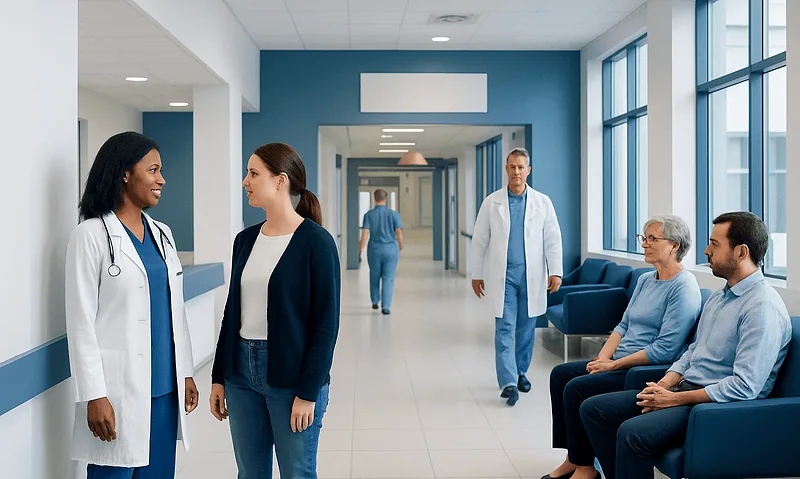 Hospital corridor with medical staff and patients engaging in conversation.