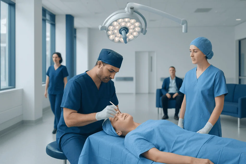 Cholesteatoma Surgery: Procedure, Recovery and Results 1 Surgeons performing ear surgery in a modern hospital operating room.
