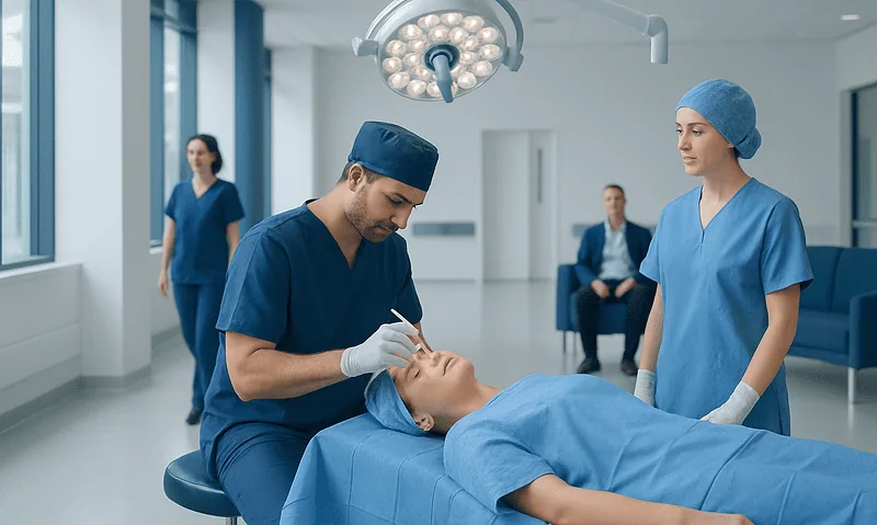 Cholesteatoma Surgery: Procedure, Recovery and Results 4 Surgeons performing ear surgery in a modern hospital operating room.
