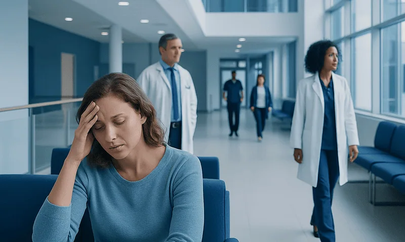 Woman in hospital waiting area appears distressed and worried.