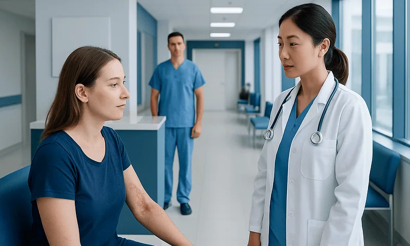 Doctor examining a patient with a skin rash in a hospital corridor.