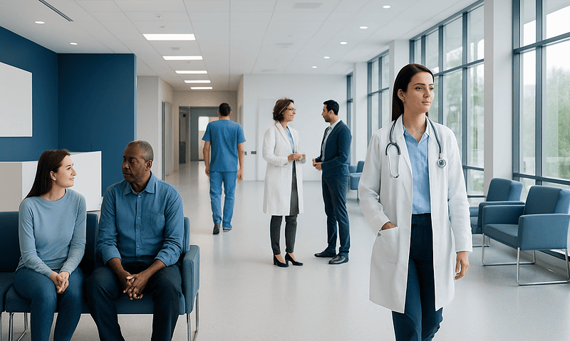 Healthcare professionals and patients in a modern hospital corridor.
