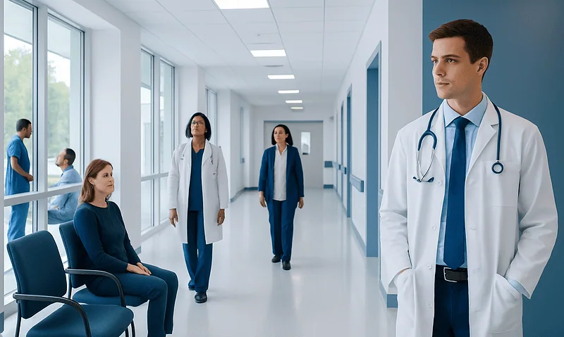 Medical professionals and patient in hospital corridor at Acibadem Hospitals Group.