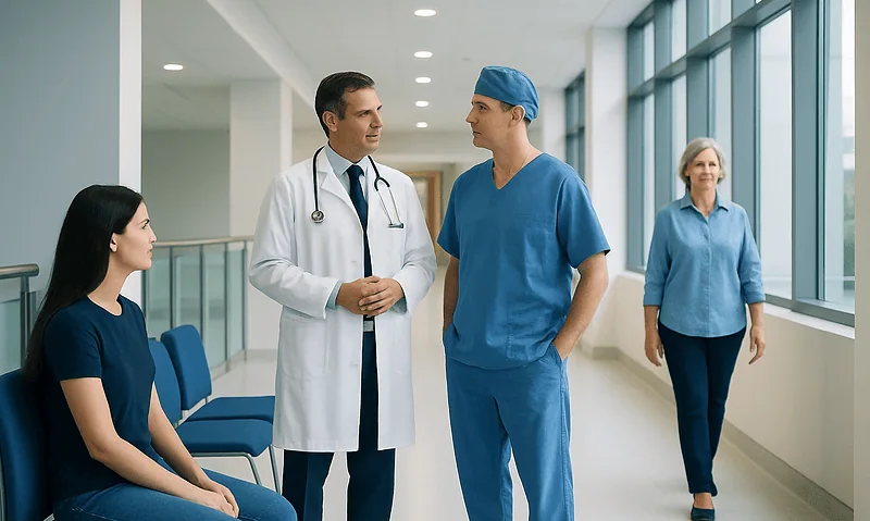 Medical team discussing patient care in hospital corridor.