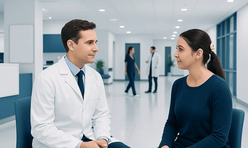 Doctor consulting with a patient in a modern hospital corridor.