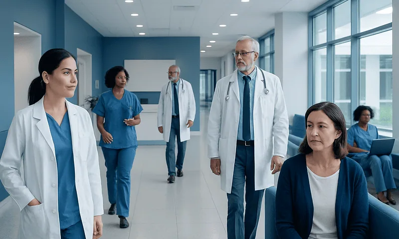 Medical team in hospital corridor discussing patient care.