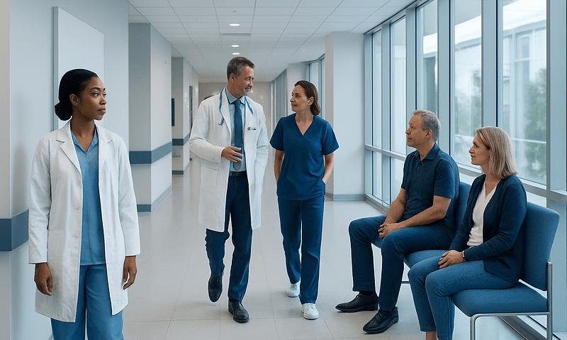 Medical team discussing patient care in hospital corridor.