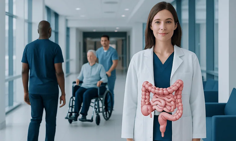 Colon Anatomy — Explained by Medical Evidence, Not Myths 12 Doctor holding a model of the human intestines in a hospital corridor.