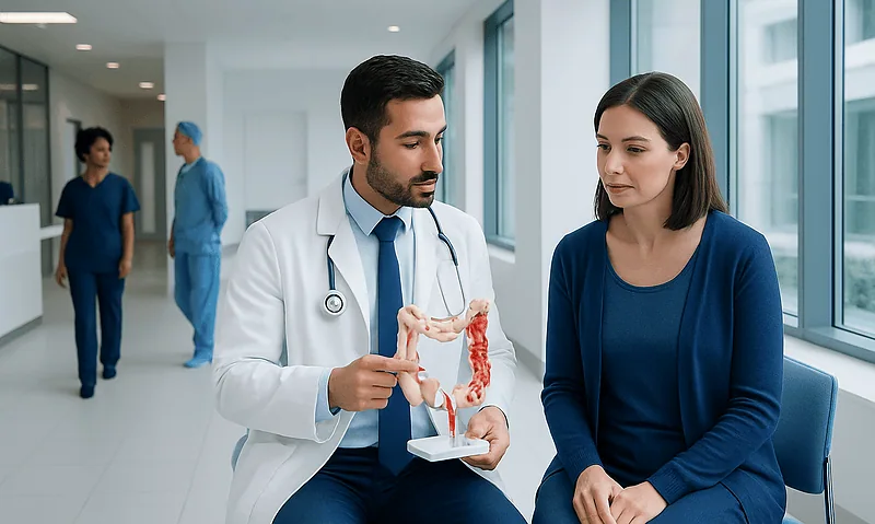 Doctor explaining colon model to patient in hospital corridor.