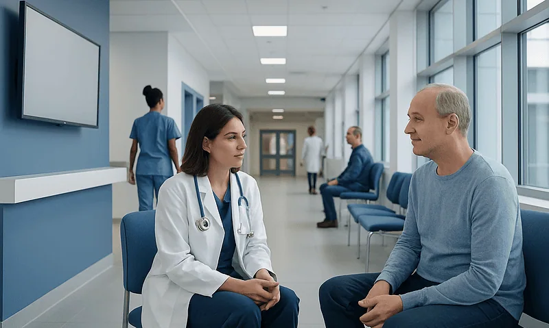Doctor consulting with a male patient in a hospital corridor.