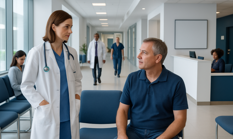 Doctor talking to patient in hospital corridor.