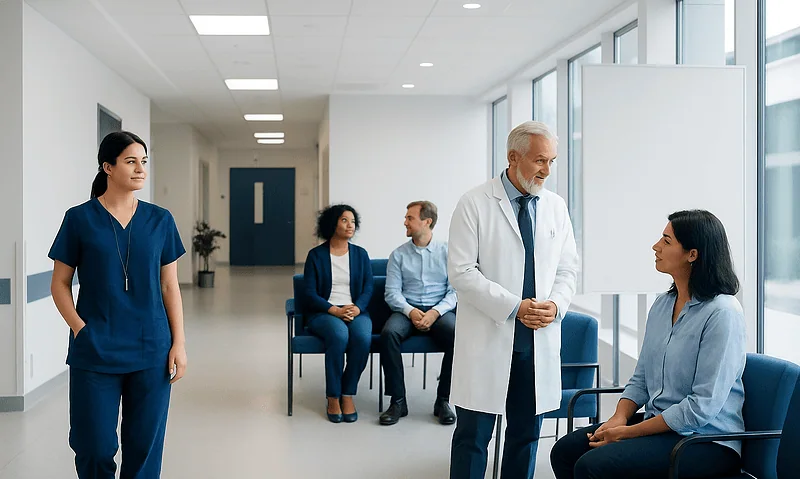 Doctor consulting with a patient in a hospital corridor.