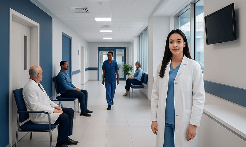 Healthcare professionals and patients in a modern hospital corridor.