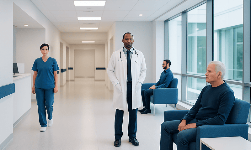 Hospital corridor with medical staff and patients in a modern healthcare facility.