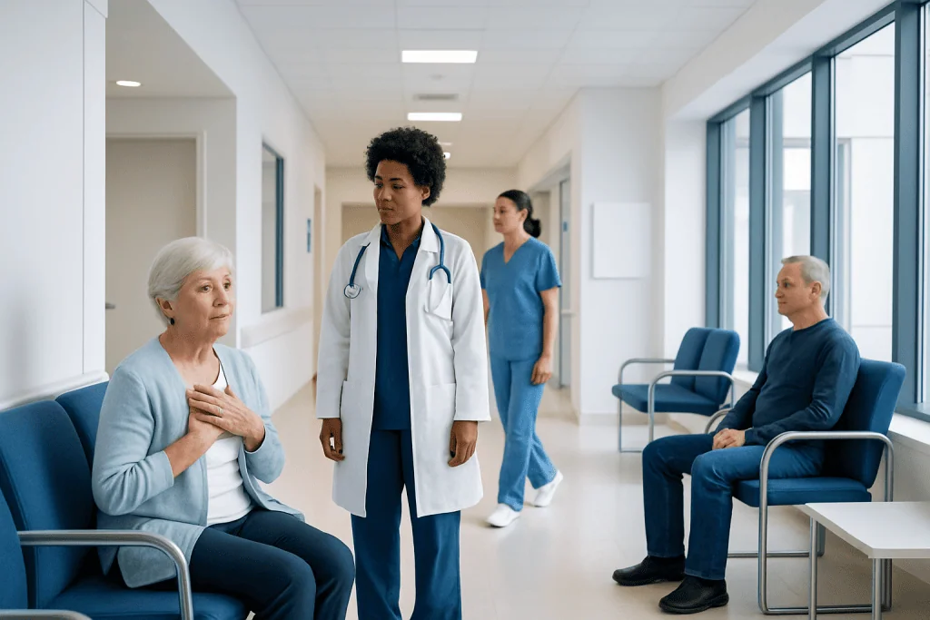 Congestive Heart Failure Diastolic Dysfunction: What Patients Need to Know 1 Elderly patients in a hospital waiting area with medical staff.