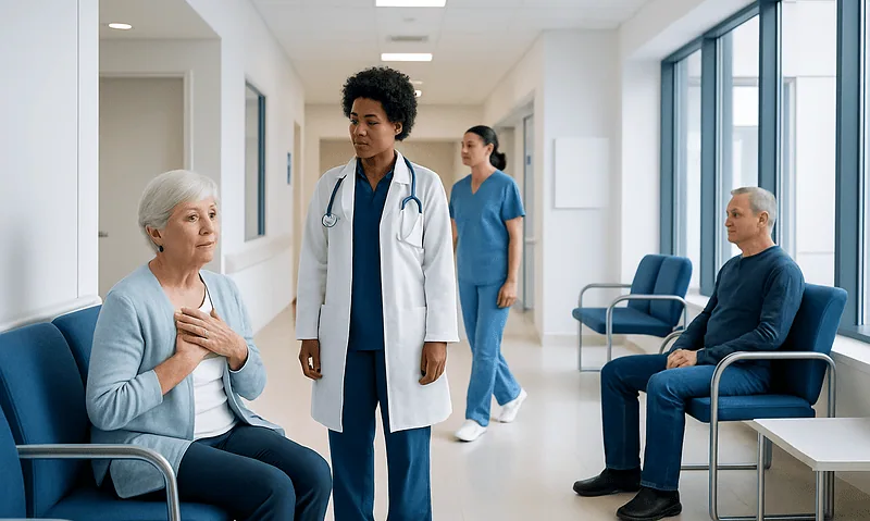 Elderly patients in a hospital waiting area with medical staff.