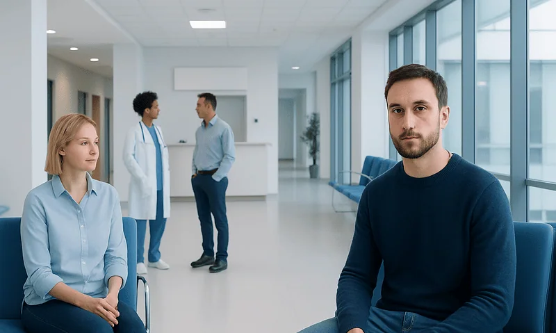 Patient waiting in a modern hospital corridor with medical staff in the background.