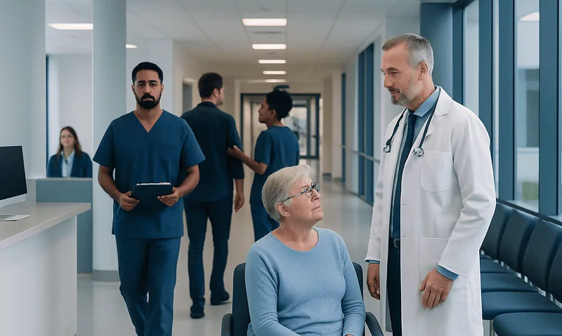 Doctor talking to elderly patient in hospital corridor with medical staff in background.
