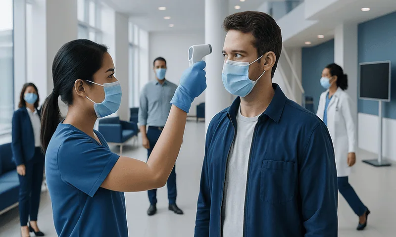 Coronavirus Temperature Screening: How It Works, Results and What to Expect 12 Healthcare worker measures temperature of man with infrared thermometer in hospital.