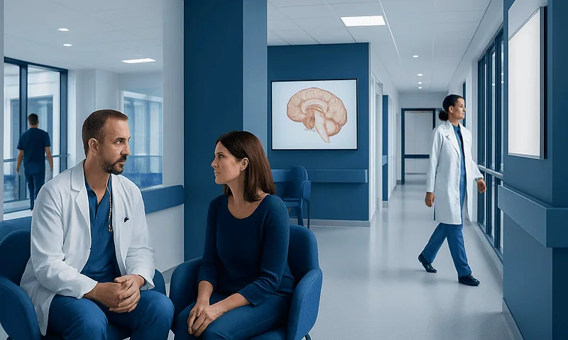 Medical consultation in a modern hospital corridor with doctors and patient.