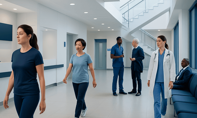 Hospital corridor with medical staff and patients in a modern facility.