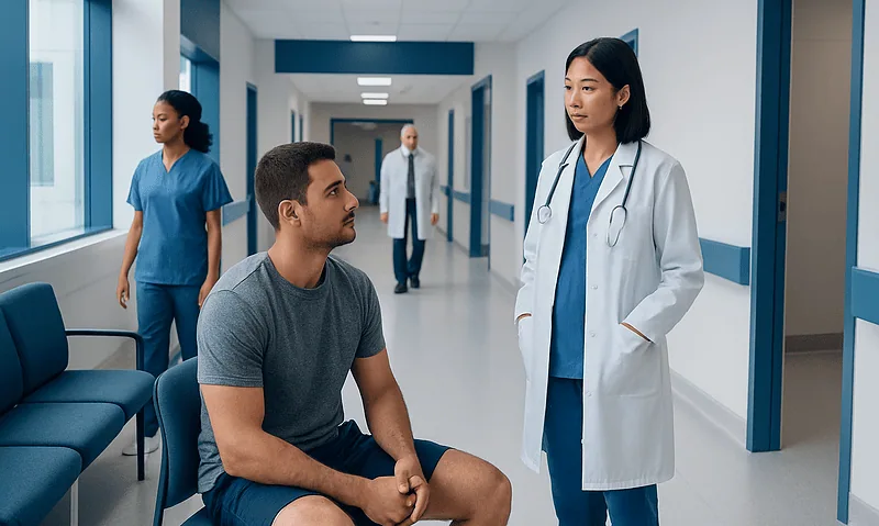 Patient consulting with a doctor in a hospital corridor.