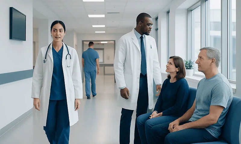 Medical team consulting with a patient in a hospital corridor.