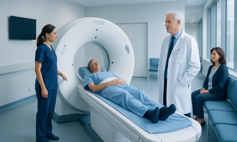 Patient undergoing a CT scan in a modern hospital setting.