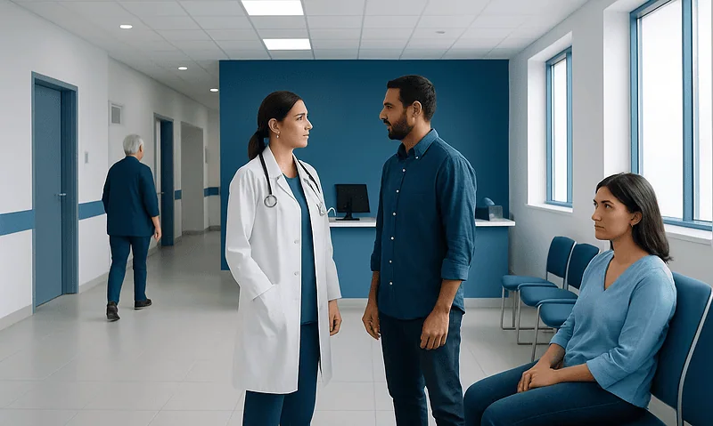 Doctor talking to patient in hospital corridor at Acibadem Hospitals Group.