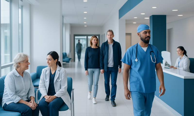Hospital corridor with medical staff and patients in a modern healthcare facility.