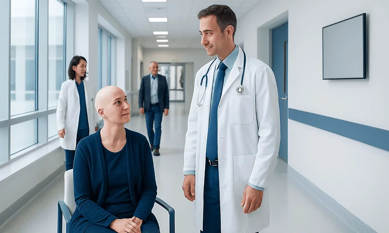 Doctor talking to a patient in a hospital corridor with staff in the background.