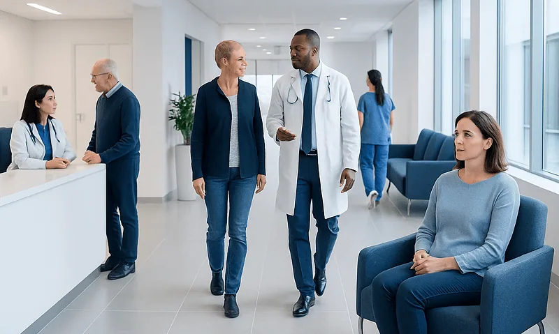 Medical professionals and patients in a modern hospital corridor.