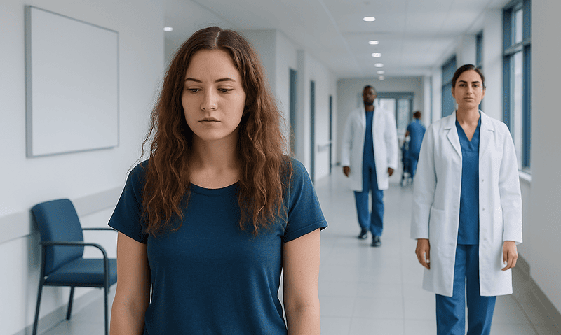 Young woman with damaged hair in a hospital corridor with medical staff.